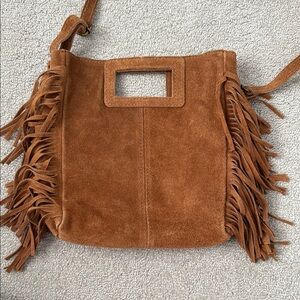 Tan Suede Crossbody Bag with Fringe and Cut-out Handle